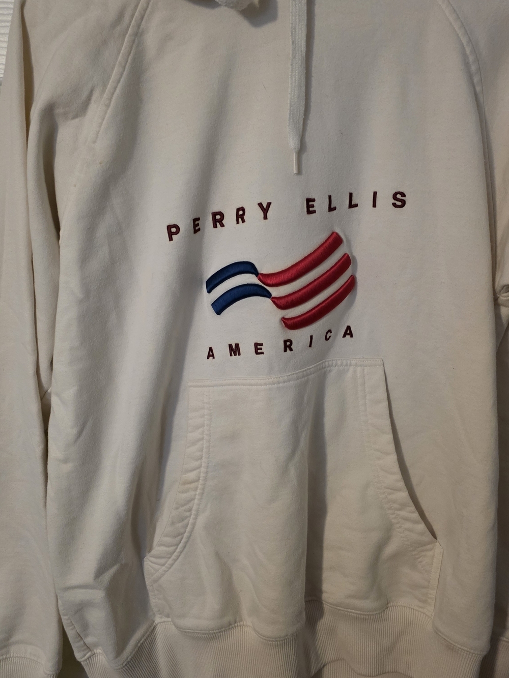 Perry Ellis Ivory Hoodie with Red & Navy Embroidered Logo